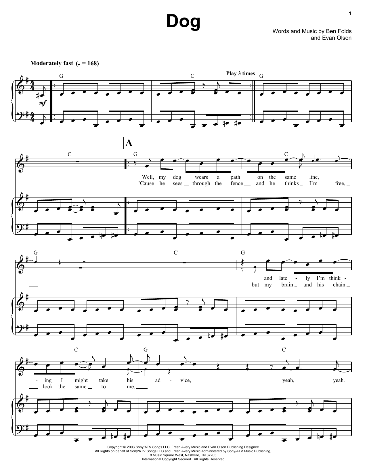 Ben Folds Dog sheet music notes and chords. Download Printable PDF.