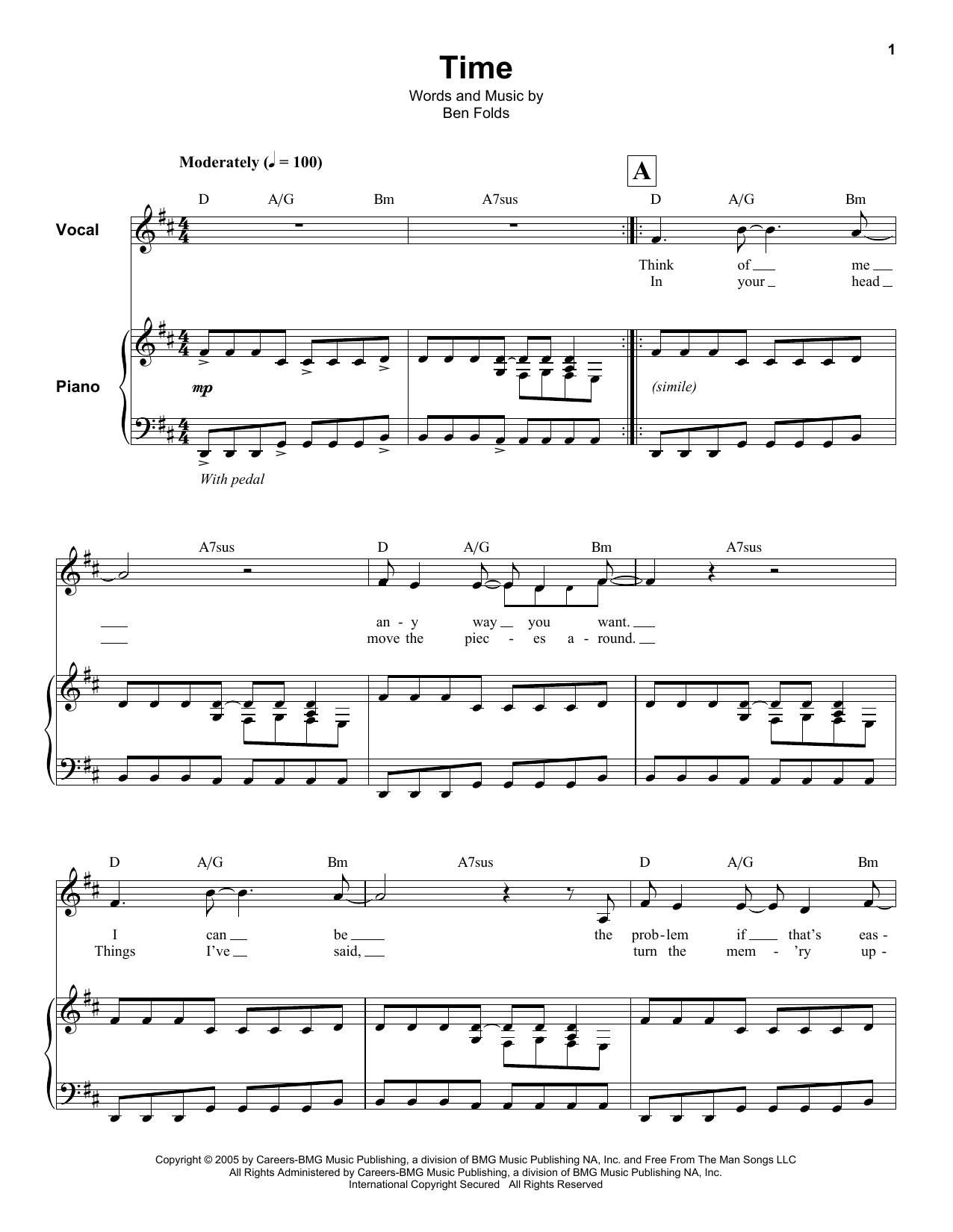 Ben Folds Time sheet music notes and chords. Download Printable PDF.