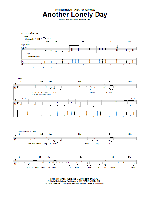 Ben Harper Another Lonely Day sheet music notes and chords. Download Printable PDF.