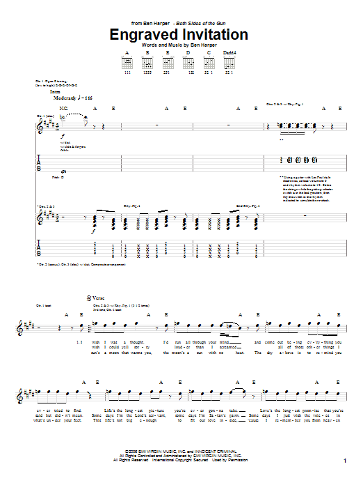 Ben Harper Engraved Invitation sheet music notes and chords. Download Printable PDF.