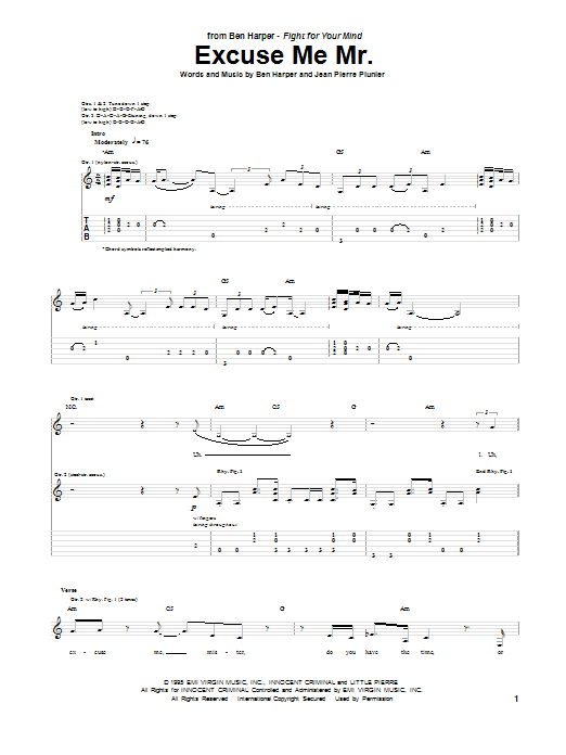 Ben Harper Excuse Me Mr. sheet music notes and chords. Download Printable PDF.