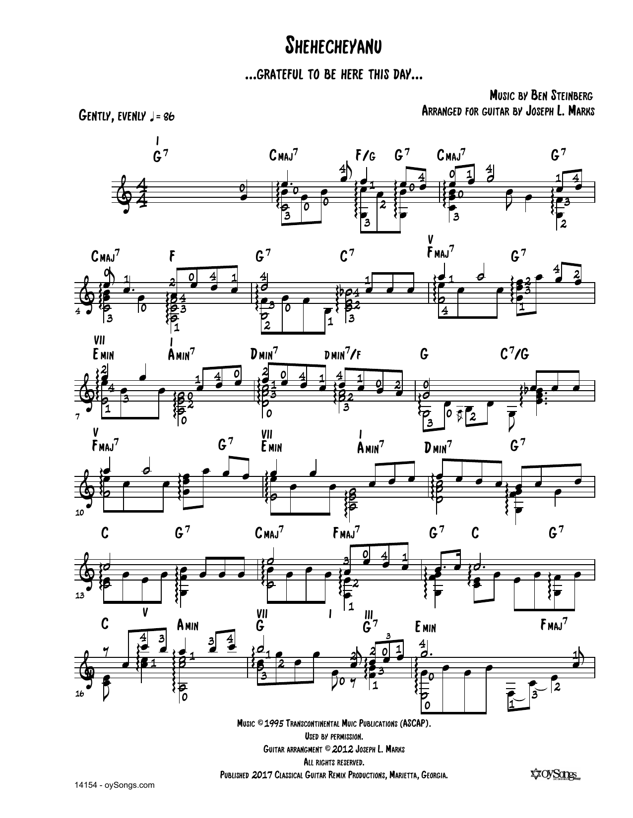 Ben Steinberg Shehecheyanu (arr. Joe Marks) sheet music notes and chords arranged for Solo Guitar