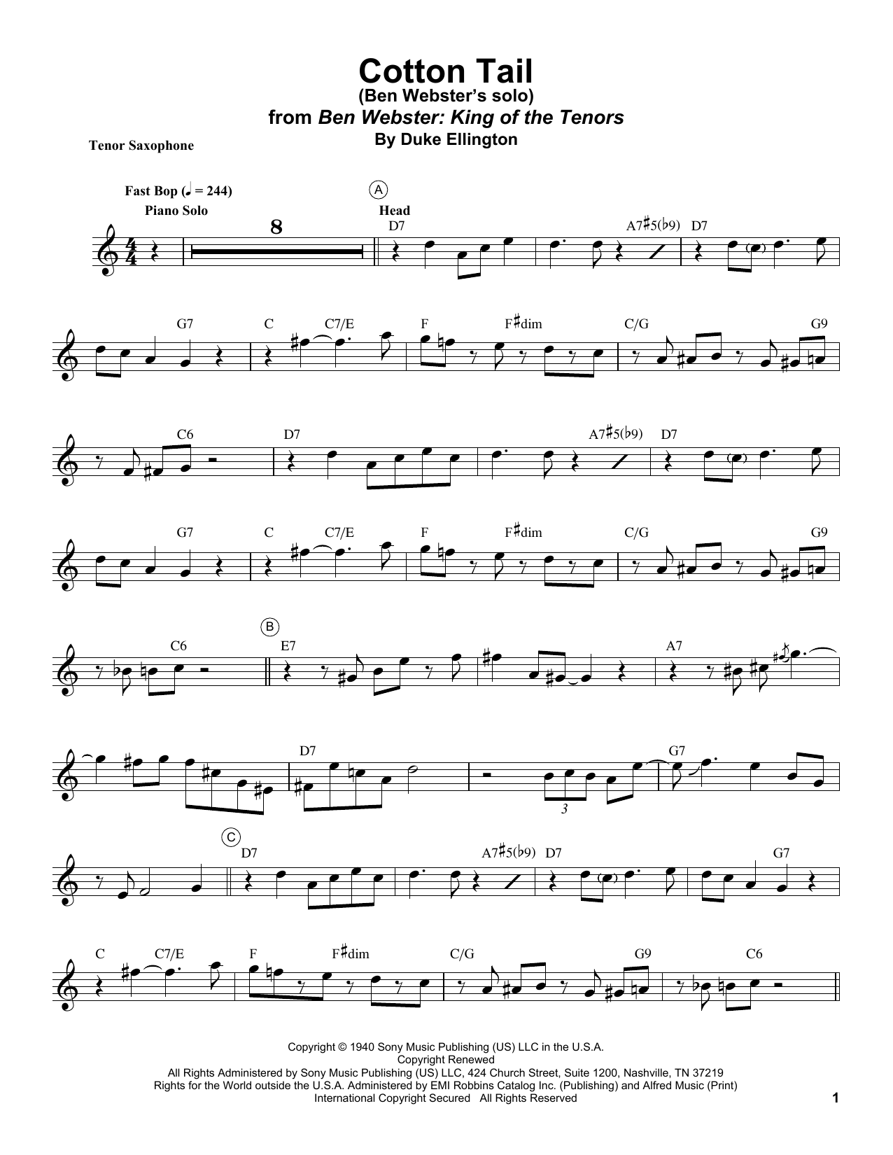 Ben Webster Cotton Tail sheet music notes and chords. Download Printable PDF.