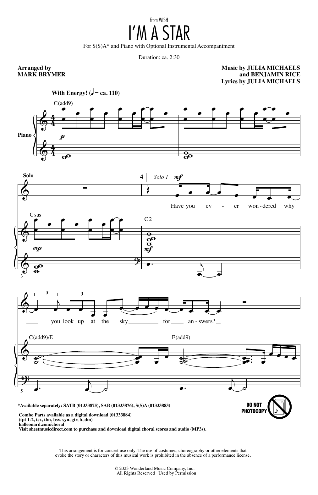 Benjamin Rice and Julia Michaels I'm A Star (from Wish) (arr. Mark Brymer) sheet music notes and chords. Download Printable PDF.