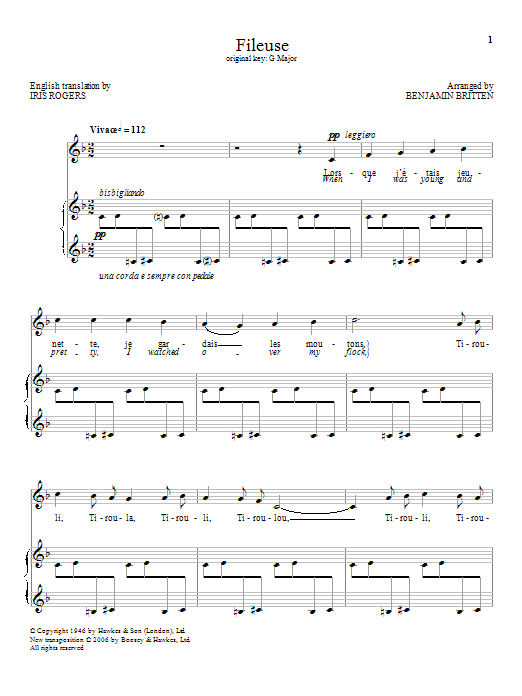 Benjamin Britten Fileuse sheet music notes and chords. Download Printable PDF.