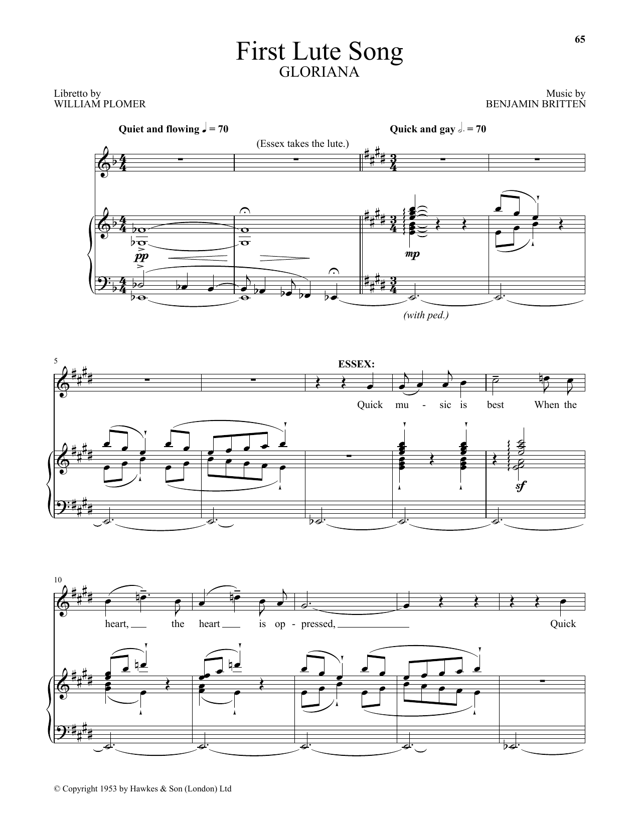 Learn to play Benjamin Britten First Lute Song (from Gloriana) sheet music for Piano & Vocal in minutes. Benjamin Britten First Lute Song (from Gloriana) sheet music notes and chords. Download Printable PDF.