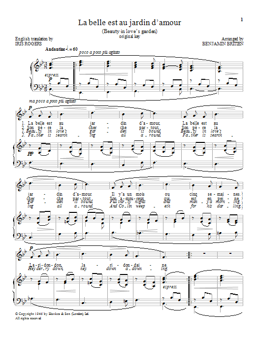 Learn to play Benjamin Britten La belle est au jardin d'amour sheet music for Piano & Vocal in minutes. Benjamin Britten La belle est au jardin d'amour sheet music notes and chords