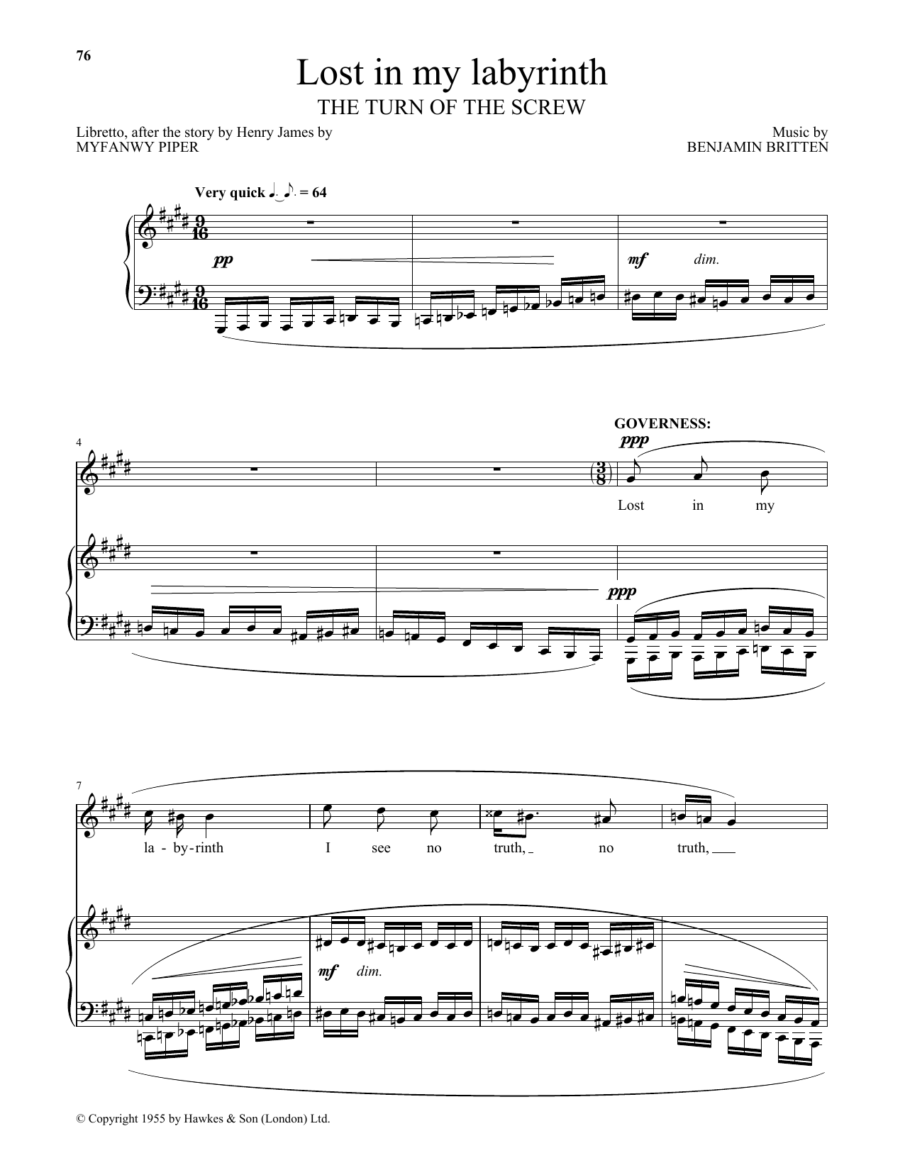Learn to play Benjamin Britten Lost in my labyrinth (from The Turn Of The Screw) sheet music for Piano & Vocal in minutes. Benjamin Britten Lost in my labyrinth (from The Turn Of The Screw) sheet music notes and chords. Download Printable PDF.