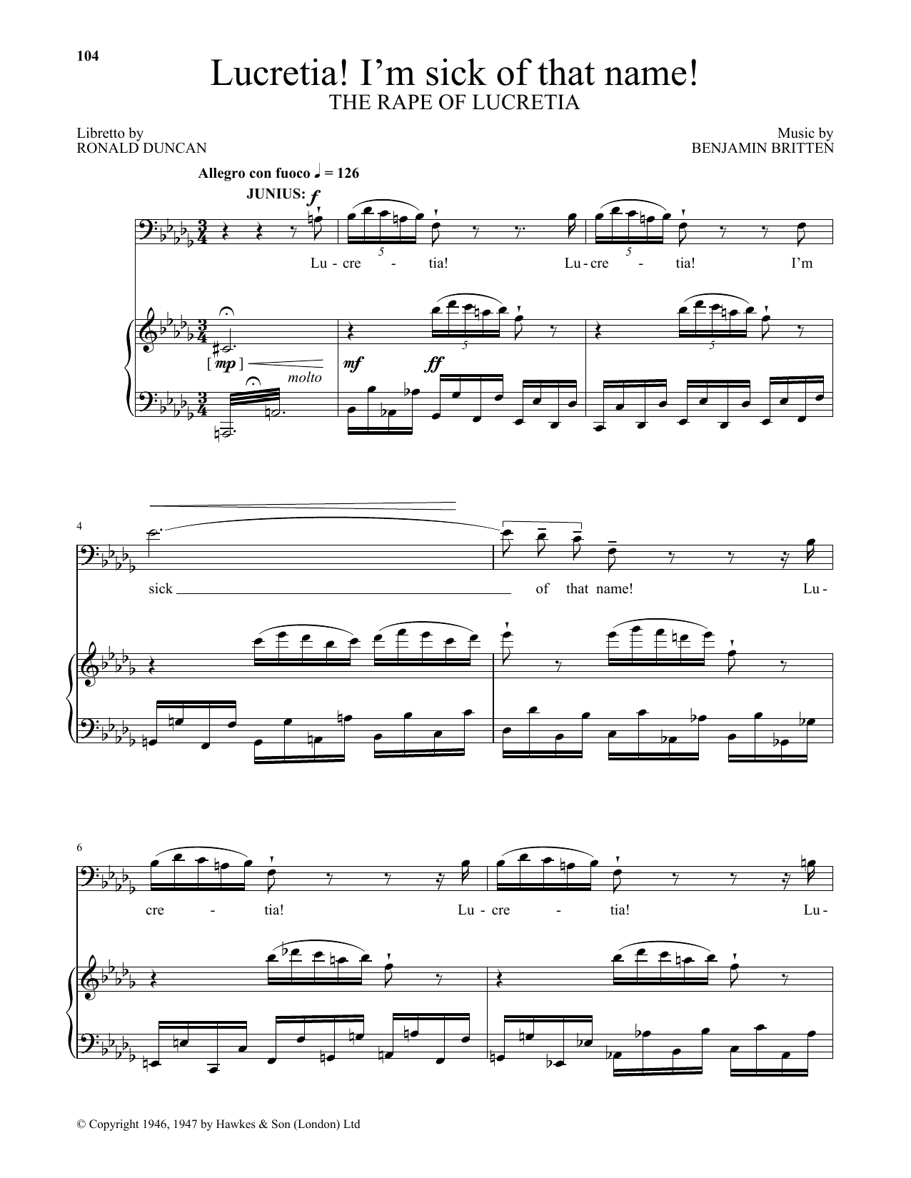 Learn to play Benjamin Britten Lucretia! I'm sick of that name! (from The Rape Of Lucretia) sheet music for Piano & Vocal in minutes. Benjamin Britten Lucretia! I'm sick of that name! (from The Rape Of Lucretia) sheet music notes and chords. Download Printable PDF.