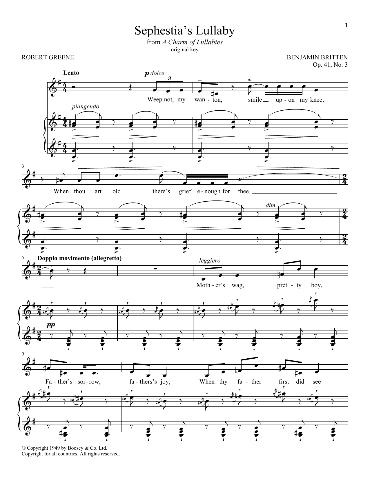 Benjamin Britten Sephestia's Lullaby sheet music notes and chords. Download Printable PDF.