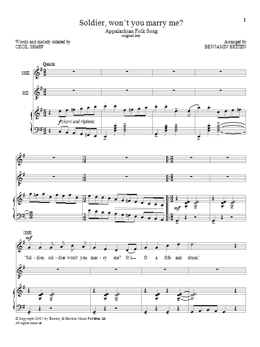 Learn to play Benjamin Britten Soldier, won't you marry me? sheet music for Performance Ensemble in minutes. Benjamin Britten Soldier, won't you marry me? sheet music notes and chords