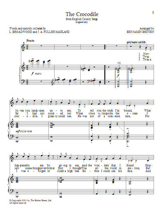 Benjamin Britten The Crocodile sheet music notes and chords. Download Printable PDF.