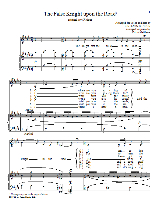 Learn to play Benjamin Britten The False Knight upon the Road sheet music for Piano & Vocal in minutes. Benjamin Britten The False Knight upon the Road sheet music notes and chords. Download Printable PDF.