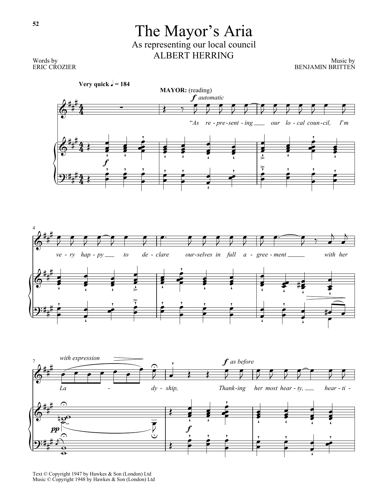 Learn to play Benjamin Britten The Mayor's Aria (from Albert Herring) sheet music for Piano & Vocal in minutes. Benjamin Britten The Mayor's Aria (from Albert Herring) sheet music notes and chords. Download Printable PDF.