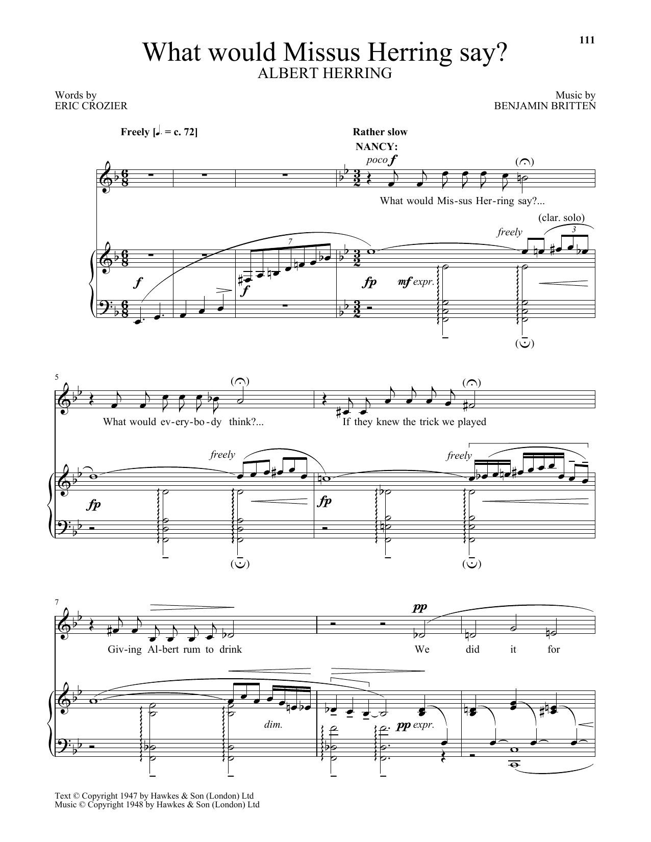Learn to play Benjamin Britten What would Missus Herring say? (from Albert Herring) sheet music for Piano & Vocal in minutes. Benjamin Britten What would Missus Herring say? (from Albert Herring) sheet music notes and chords. Download Printable PDF.