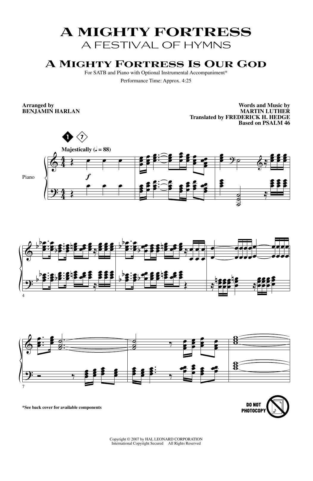 Learn to play Benjamin Harlan A Mighty Fortress A Festival Of Hymns sheet music for SATB Choir in minutes. Price: 6.4900$ Benjamin Harlan A Mighty Fortress A Festival Of Hymns sheet music notes and chords arranged for SATB Choir