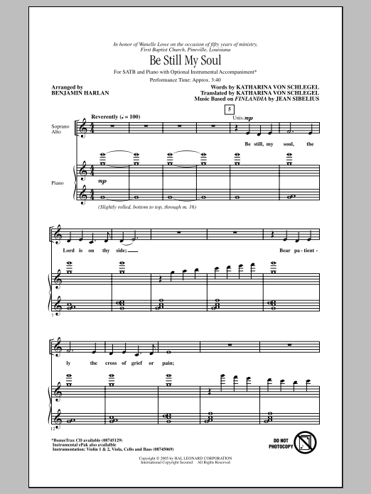 Learn to play Benjamin Harlan Be Still My Soul sheet music for SATB Choir in minutes. Benjamin Harlan Be Still My Soul sheet music notes and chords. Download Printable PDF.