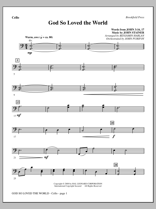 Learn to play Benjamin Harlan God So Loved The World Chamber Orchestra - Cello sheet music for Choir Instrumental Pak in minutes. Price: 8.9900$ Benjamin Harlan God So Loved The World Chamber Orchestra - Cello sheet music notes and chords arranged for Choir Instrumental Pak