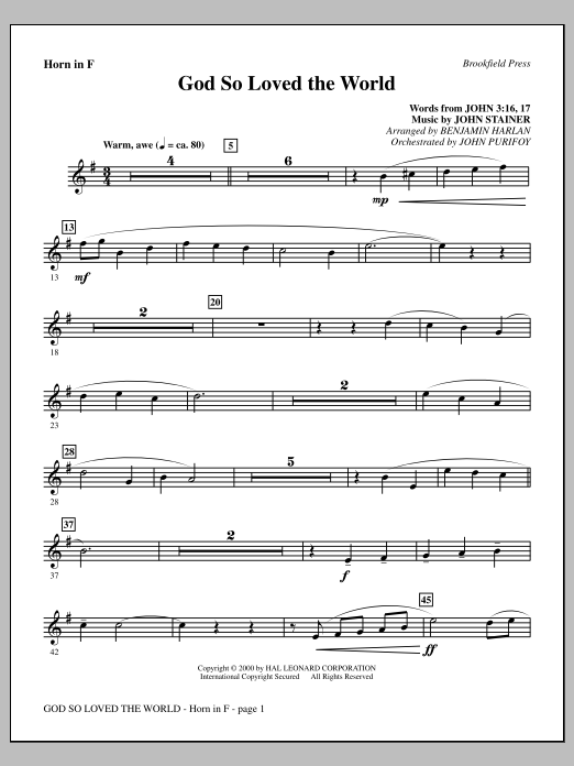 Learn to play Benjamin Harlan God So Loved The World Chamber Orchestra - F Horn sheet music for Choir Instrumental Pak in minutes. Price: 8.9900$ Benjamin Harlan God So Loved The World Chamber Orchestra - F Horn sheet music notes and chords arranged for Choir Instrumental Pak
