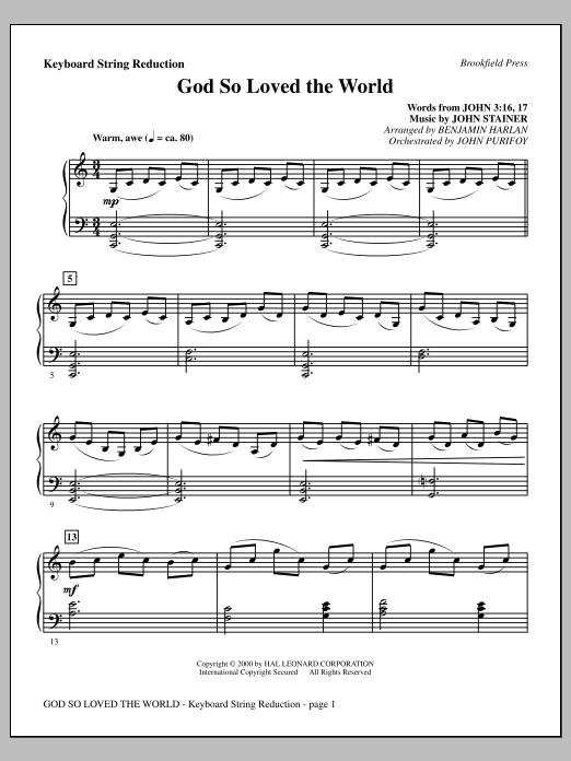Learn to play Benjamin Harlan God So Loved The World Chamber Orchestra - Keyboard String Reduction sheet music for Choir Instrumental Pak in minutes. Price: 8.9900$ Benjamin Harlan God So Loved The World Chamber Orchestra - Keyboard String Reduction sheet music notes and chords arranged for Choir Instrumental Pak