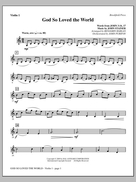 Learn to play Benjamin Harlan God So Loved The World Chamber Orchestra - Violin 1 sheet music for Choir Instrumental Pak in minutes. Price: 8.9900$ Benjamin Harlan God So Loved The World Chamber Orchestra - Violin 1 sheet music notes and chords arranged for Choir Instrumental Pak