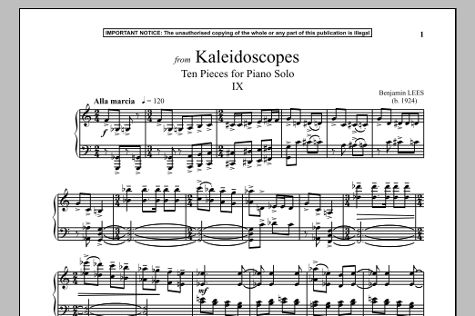 Learn to play Benjamin Lees Kaleidoscopes, Ten Pieces For Piano Solo, IX. sheet music for Piano Solo in minutes. Benjamin Lees Kaleidoscopes, Ten Pieces For Piano Solo, IX. sheet music notes and chords. Download Printable PDF.