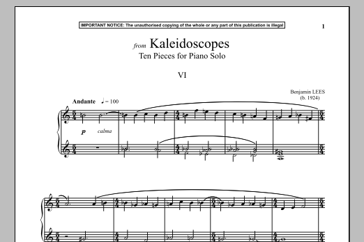Benjamin Lees Kaleidoscopes, Ten Pieces For Piano Solo, VI. sheet music notes and chords. Download Printable PDF.