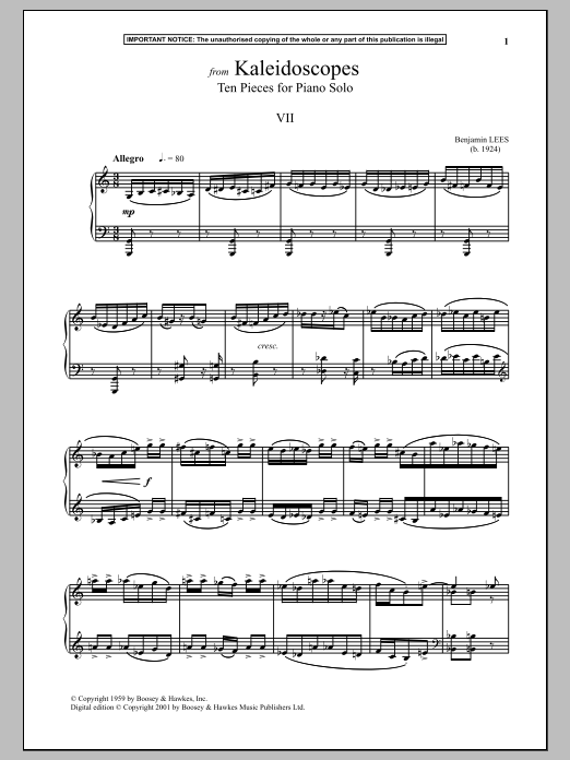 Learn to play Benjamin Lees Kaleidoscopes, Ten Pieces For Piano Solo, VII. sheet music for Piano Solo in minutes. Benjamin Lees Kaleidoscopes, Ten Pieces For Piano Solo, VII. sheet music notes and chords. Download Printable PDF.