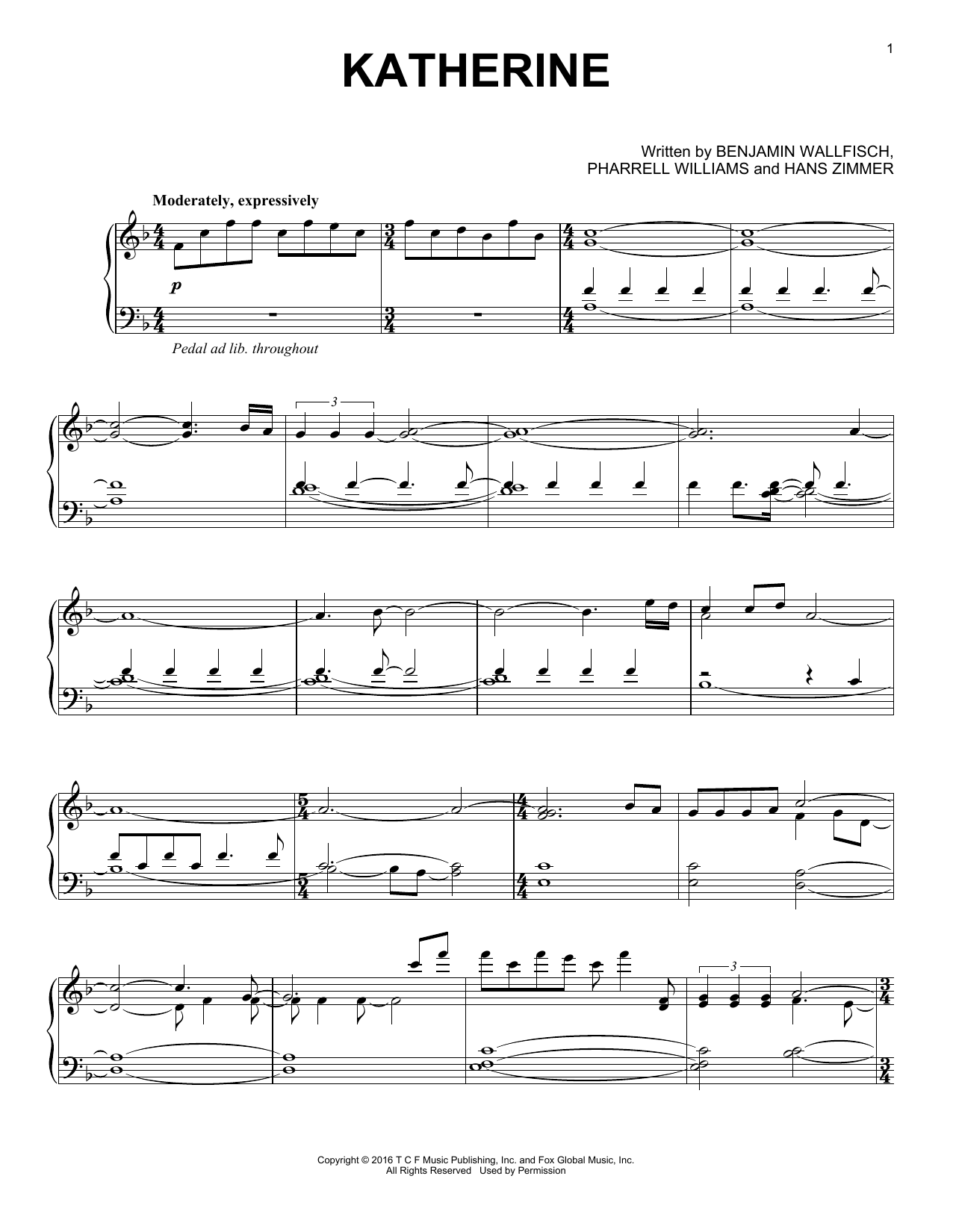 Benjamin Wallfisch Katherine sheet music notes and chords. Download Printable PDF.