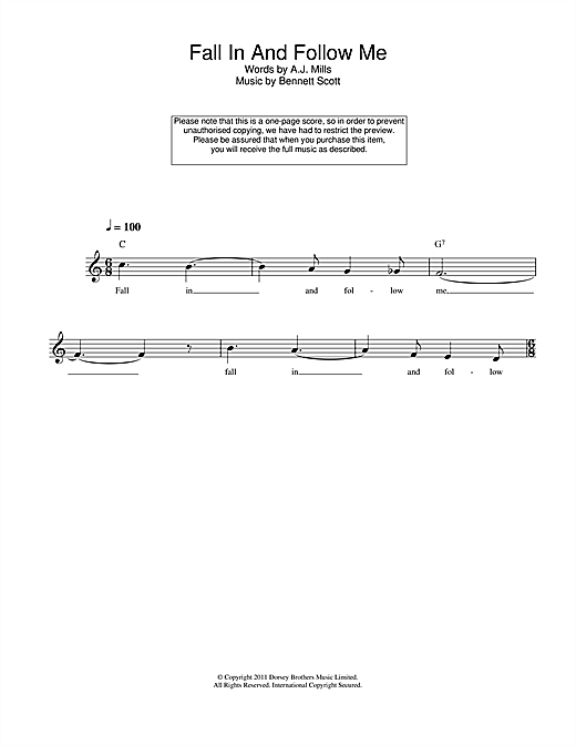 Learn to play Bennett Scott Fall In And Follow Me sheet music for Lead Sheet / Fake Book in minutes. Price: 5.9900$ Bennett Scott Fall In And Follow Me sheet music notes and chords arranged for Lead Sheet / Fake Book