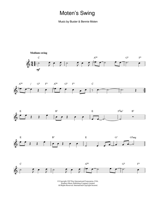 Learn to play Bennie Moten Moten's Swing sheet music for Lead Sheet / Fake Book in minutes. Price: 4.9900$ Bennie Moten Moten's Swing sheet music notes and chords. Download Printable PDF.