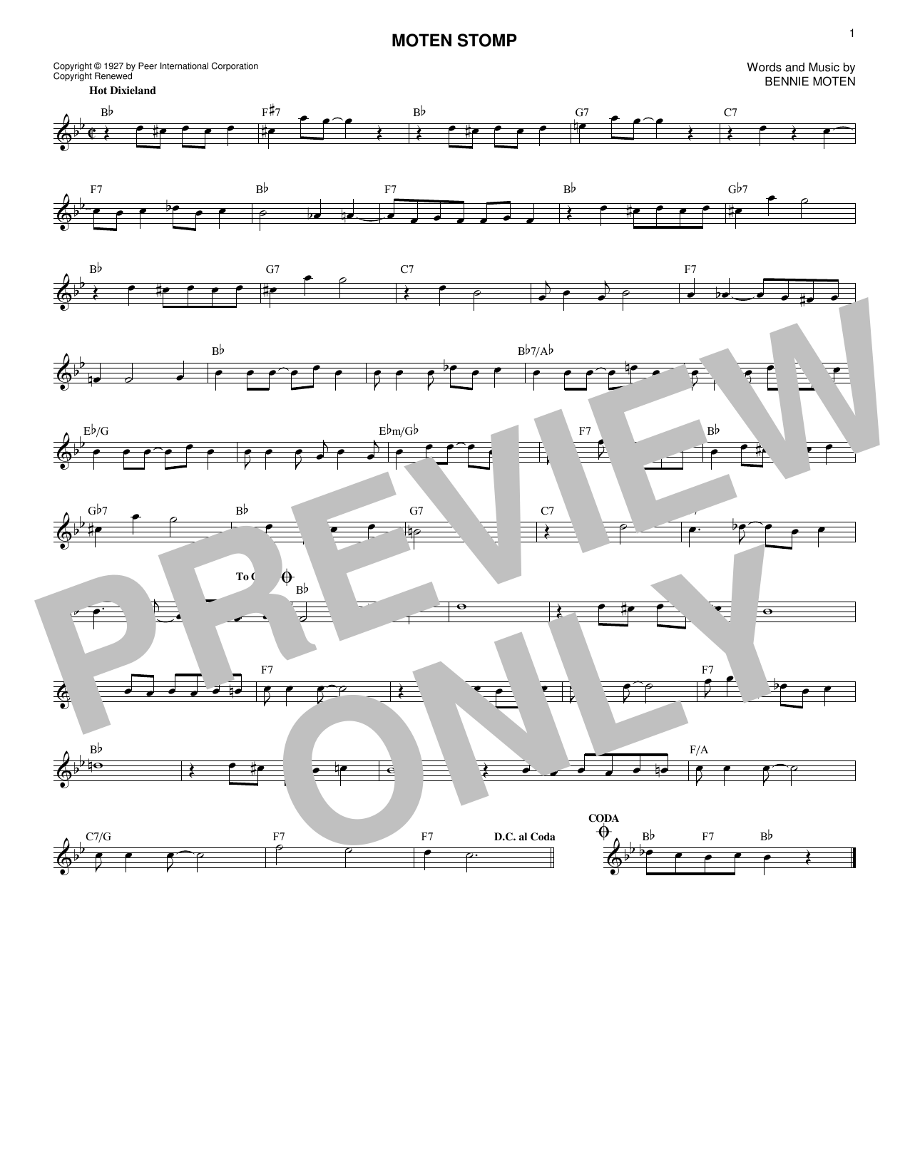 Bennie Moten Moten Stomp sheet music notes and chords. Download Printable PDF.