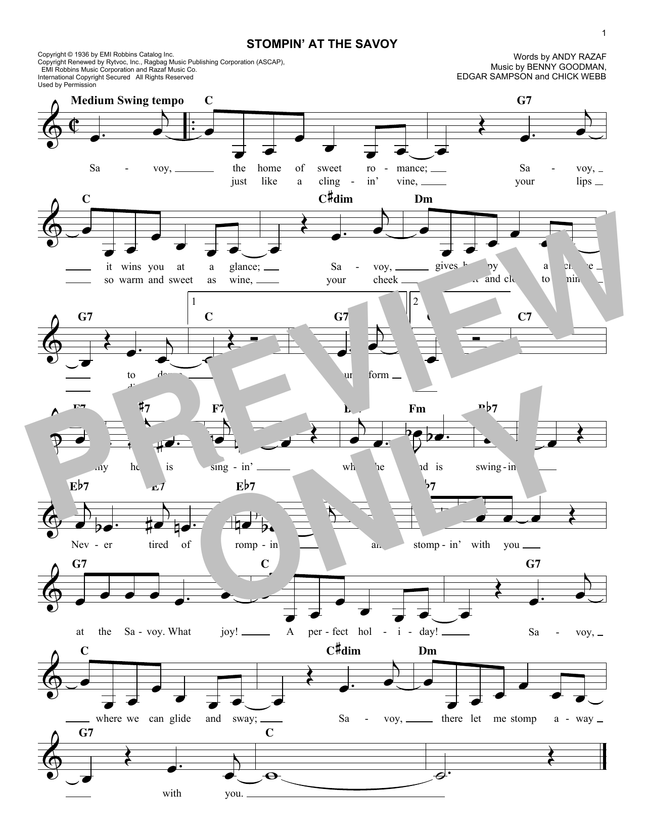 Benny Goodman Stompin' At The Savoy sheet music notes and chords. Download Printable PDF.