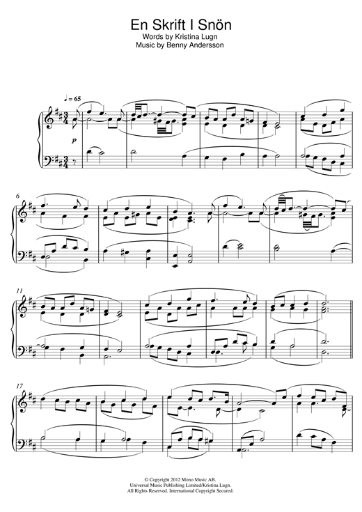 Learn to play Benny Andersson En Skrift I Snön sheet music for Piano Solo in minutes. Benny Andersson En Skrift I Snön sheet music notes and chords