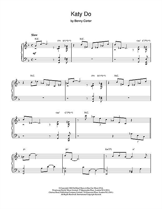Preview Benny Carter Katy Do Jazz sheet music, notes and chords for Piano Solo, SKU: 18734 sheet music, piano notes, chords, guitar tabs, score, transpose, transcribe, how to play, guide, download, learn, tutorial, progression, song, artist, awards, billboard, mtv, vh1, tour, single, album, release