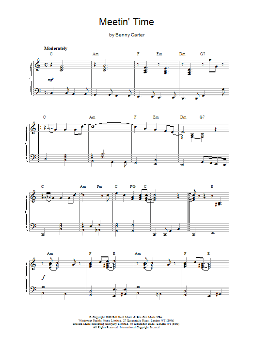 Benny Carter Meetin' Time sheet music for Piano Solo in minutes. Price: 7.8900$ Benny Carter Meetin' Time sheet music notes and chords. Download Printable PDF.