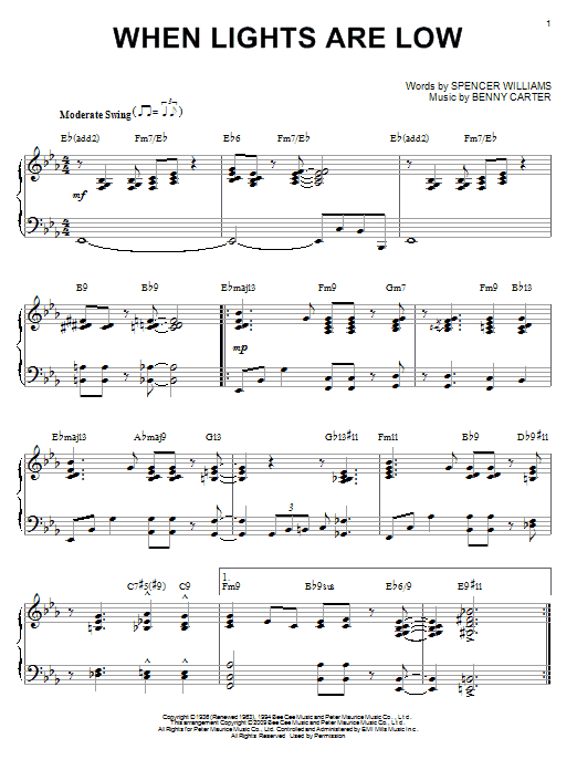 Benny Carter "When Lights Are Low (arr. Brent Music PDF Notes, Chords | Jazz Score Piano Solo Download Printable. SKU: 71374