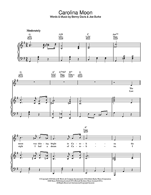 Learn to play Benny Davis Carolina Moon sheet music for Piano, Vocal & Guitar (Right-Hand Melody) in minutes. Benny Davis Carolina Moon sheet music notes and chords. Download Printable PDF.