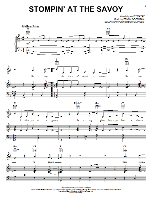 Preview Benny Goodman Stompin' At The Savoy Jazz sheet music, notes and chords for Piano, Vocal & Guitar (Right-Hand Melody), SKU: 16798 sheet music, piano notes, chords, guitar tabs, score, transpose, transcribe, how to play, guide, download, learn, tutorial, progression, song, artist, awards, billboard, mtv, vh1, tour, single, album, release