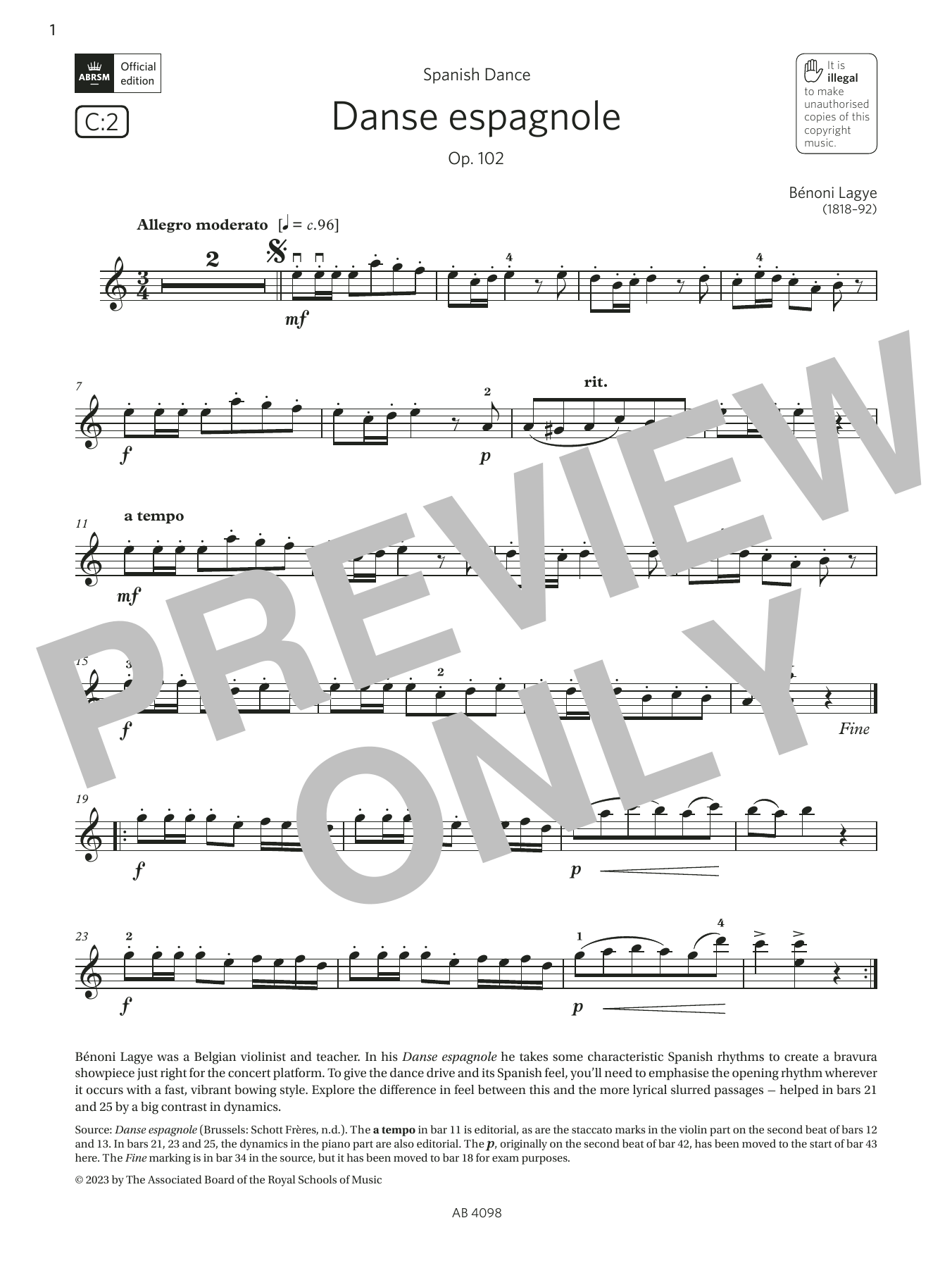 Bénoni Lagye Danse espagnole, Op. 102 (Grade 4, C2, from the ABRSM Violin Syllabus from 2024) sheet music notes and chords. Download Printable PDF.