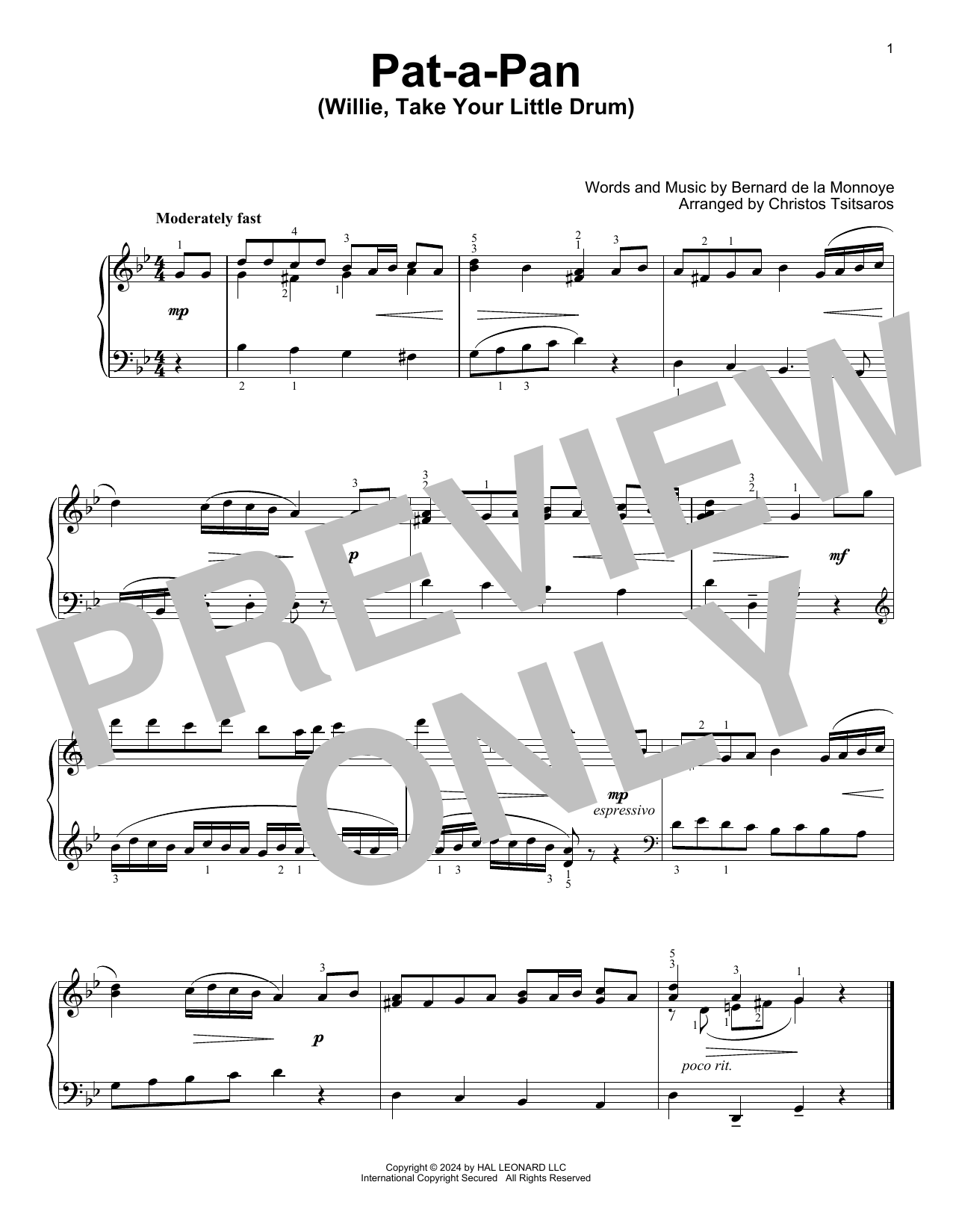 Bernard de la Monnoye Pat-A-Pan (Willie, Take Your Little Drum) (arr. Christos Tsitsaros) sheet music notes and chords. Download Printable PDF.