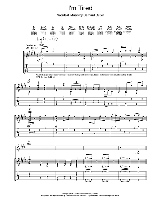 Bernard Butler I'm Tired sheet music notes and chords. Download Printable PDF.