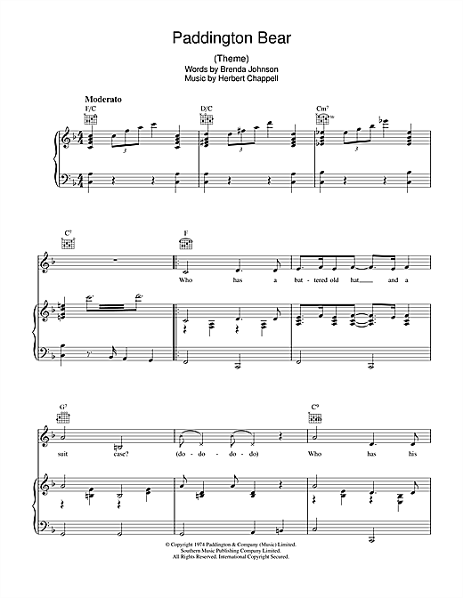 Bernard Cribbins Paddington Bear sheet music notes and chords. Download Printable PDF.