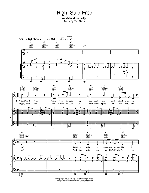 Learn to play Bernard Cribbins Right Said Fred sheet music for Piano, Vocal & Guitar in minutes. Bernard Cribbins Right Said Fred sheet music notes and chords. Download Printable PDF.