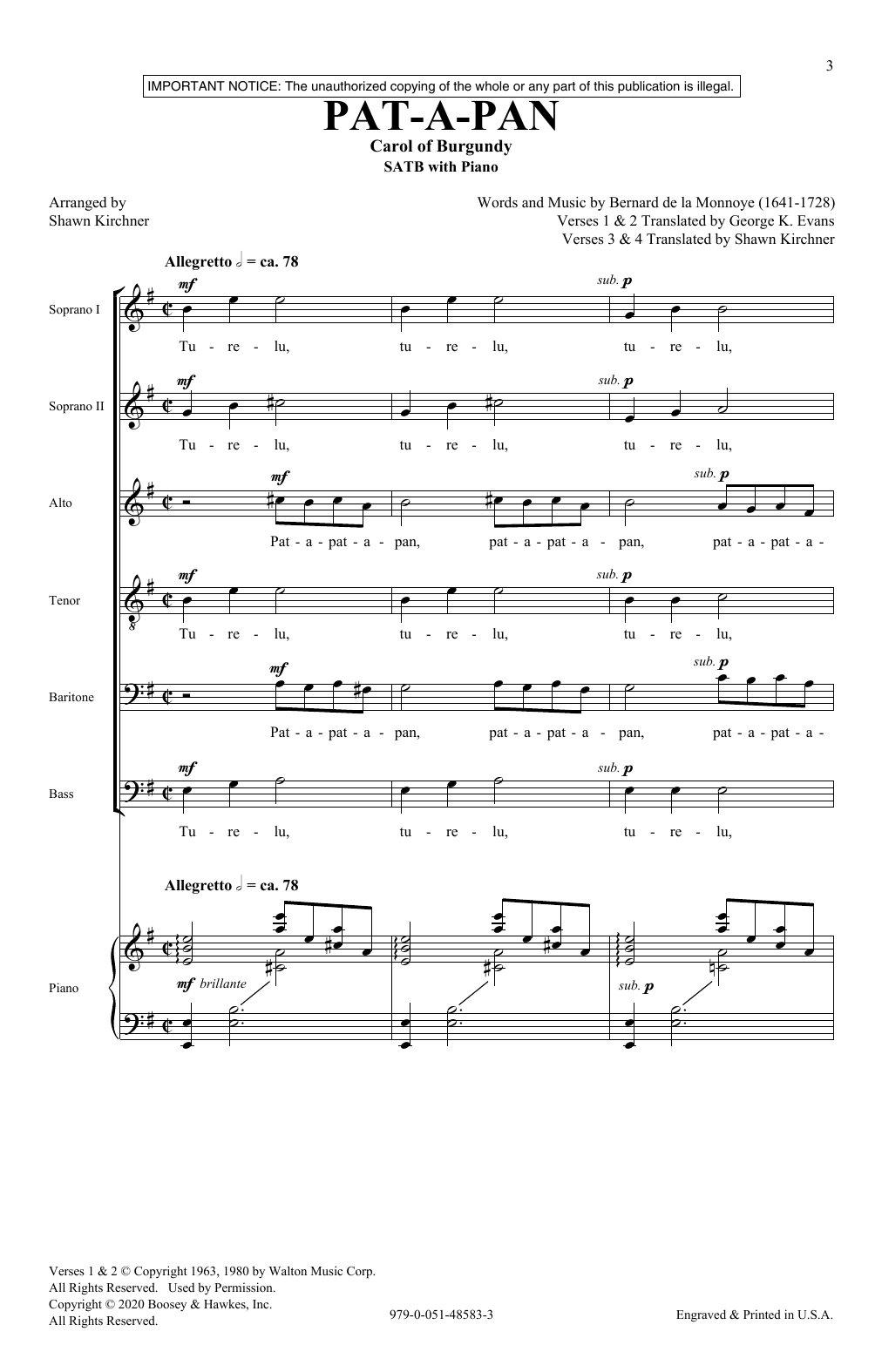 Learn to play Bernard de la Monnoye Pat-A-Pan (arr. Shawn Kirchner) sheet music for SATB Choir in minutes. Price: 3.9900$ Bernard de la Monnoye Pat-A-Pan (arr. Shawn Kirchner) sheet music notes and chords arranged for SATB Choir