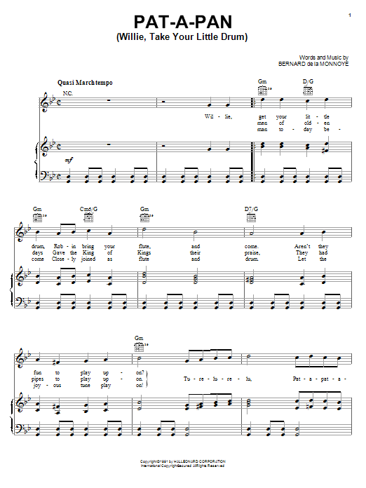 Learn to play Bernard de la Monnoye Pat-A-Pan (Willie, Take Your Little Drum) sheet music for Piano Duet in minutes. Bernard de la Monnoye Pat-A-Pan (Willie, Take Your Little Drum) sheet music notes and chords. Download Printable PDF.