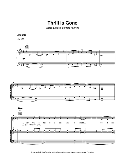 Bernard Fanning Thrill Is Gone sheet music notes and chords. Download Printable PDF.