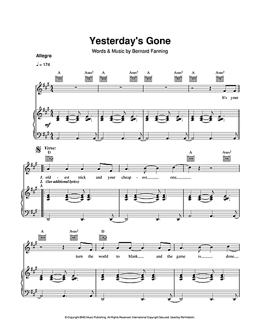 Bernard Fanning Yesterday's Gone sheet music notes and chords. Download Printable PDF.