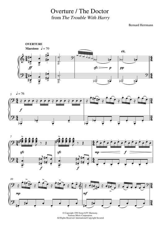 Learn to play Bernard Herrmann Overture/The Doctor From The Trouble With Harry sheet music for Piano Solo in minutes. Bernard Herrmann Overture/The Doctor From The Trouble With Harry sheet music notes and chords