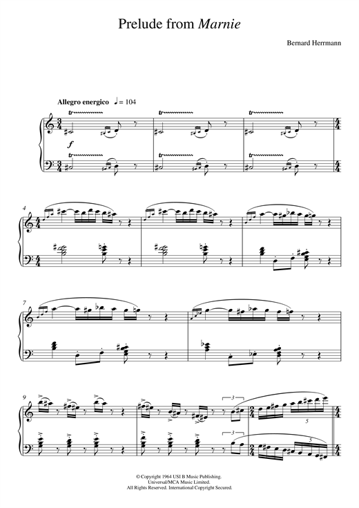 Learn to play Bernard Herrmann Prelude From Marnie sheet music for Piano Solo in minutes. Bernard Herrmann Prelude From Marnie sheet music notes and chords